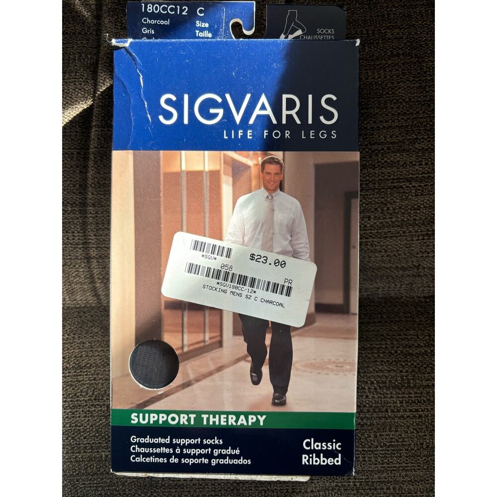 Sigvaris Life For Legs Mens Size C Charcoal Classic Ribbed Support Stockings